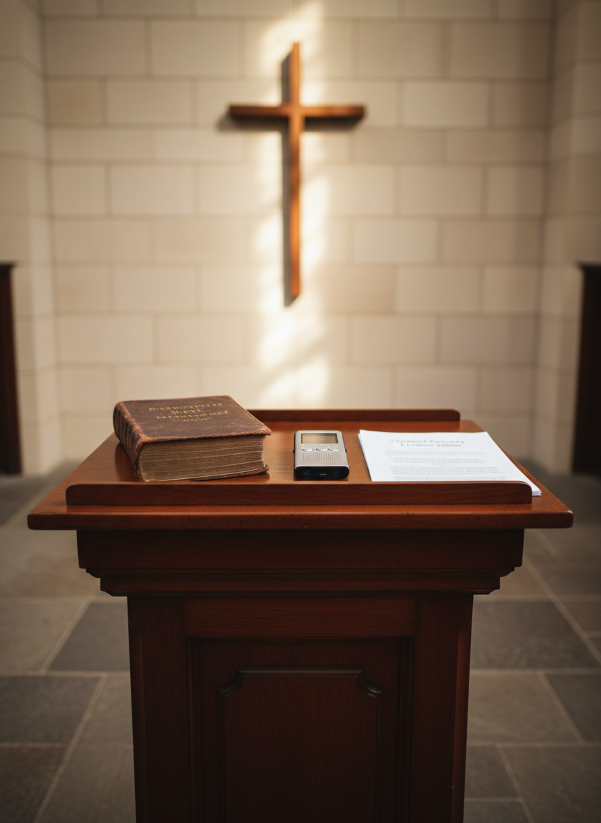 A close-up, photographic realism shot of a polished wooden church pulpit without any visible congregation, supporting a closed leather Bible, a slim stack of printed sermon notes, and a small digital voice recorder. In the background, out of focus, a simple wooden cross is mounted on a softly lit wall, illuminated by gentle, diffused light from high, unseen windows. The lighting creates a reverent atmosphere with subtle highlights on the pulpit’s edges and soft shadows falling onto the stone floor. Captured from a low, slightly angled perspective, the composition emphasizes the tools of teaching and commentary, evoking thoughtful, authoritative Christian perspective on current events.