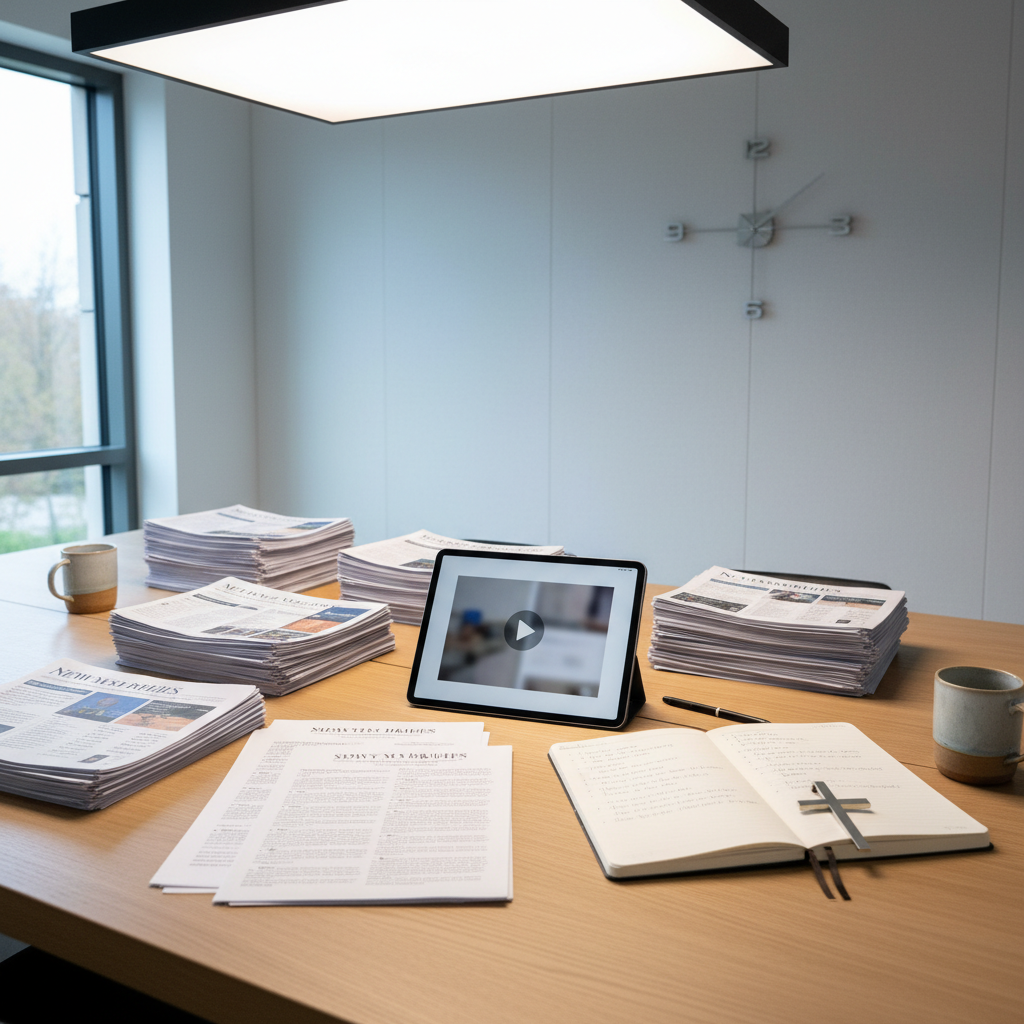 A modern, minimalist newsroom-style workspace centered on a large, light oak table scattered with neatly arranged printed news briefs, a tablet showing a blurred video thumbnail, and an open notebook filled with tidy, handwritten study notes. A small, simple cross-shaped metal bookmark rests on the notebook. Soft, diffused overhead lighting and cool daylight from a nearby window blend to create an even, professional illumination, with subtle reflections on the tablet screen. Photographic realism, shot from a slightly elevated angle with sharp focus throughout, emphasizes order, clarity, and a calm, focused mood suitable for daily Christian news and commentary production.